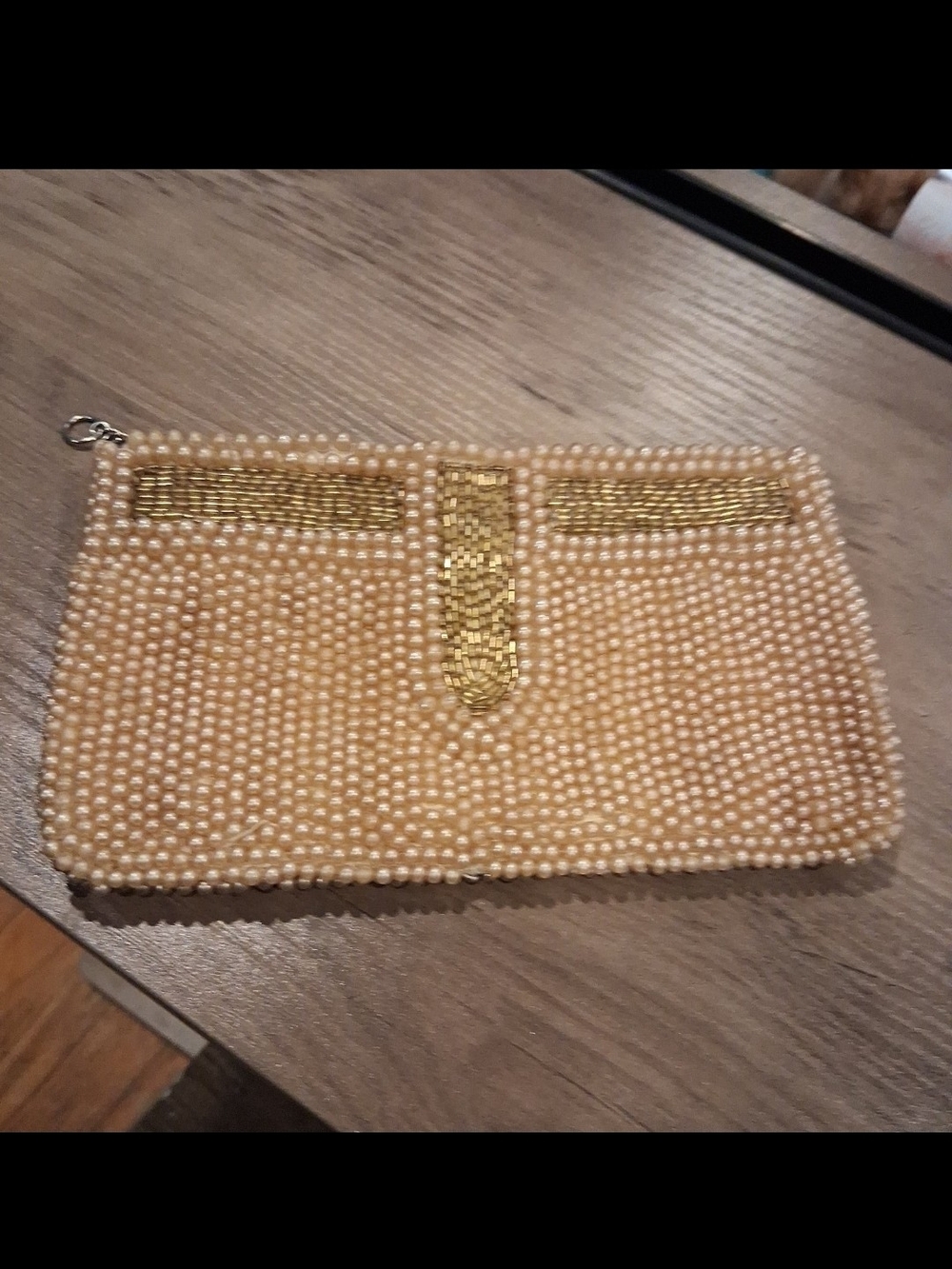 Vintage 1950s Pearl & Gold Beaded Evening Clutch Bag -Made In Japan Zipper Works